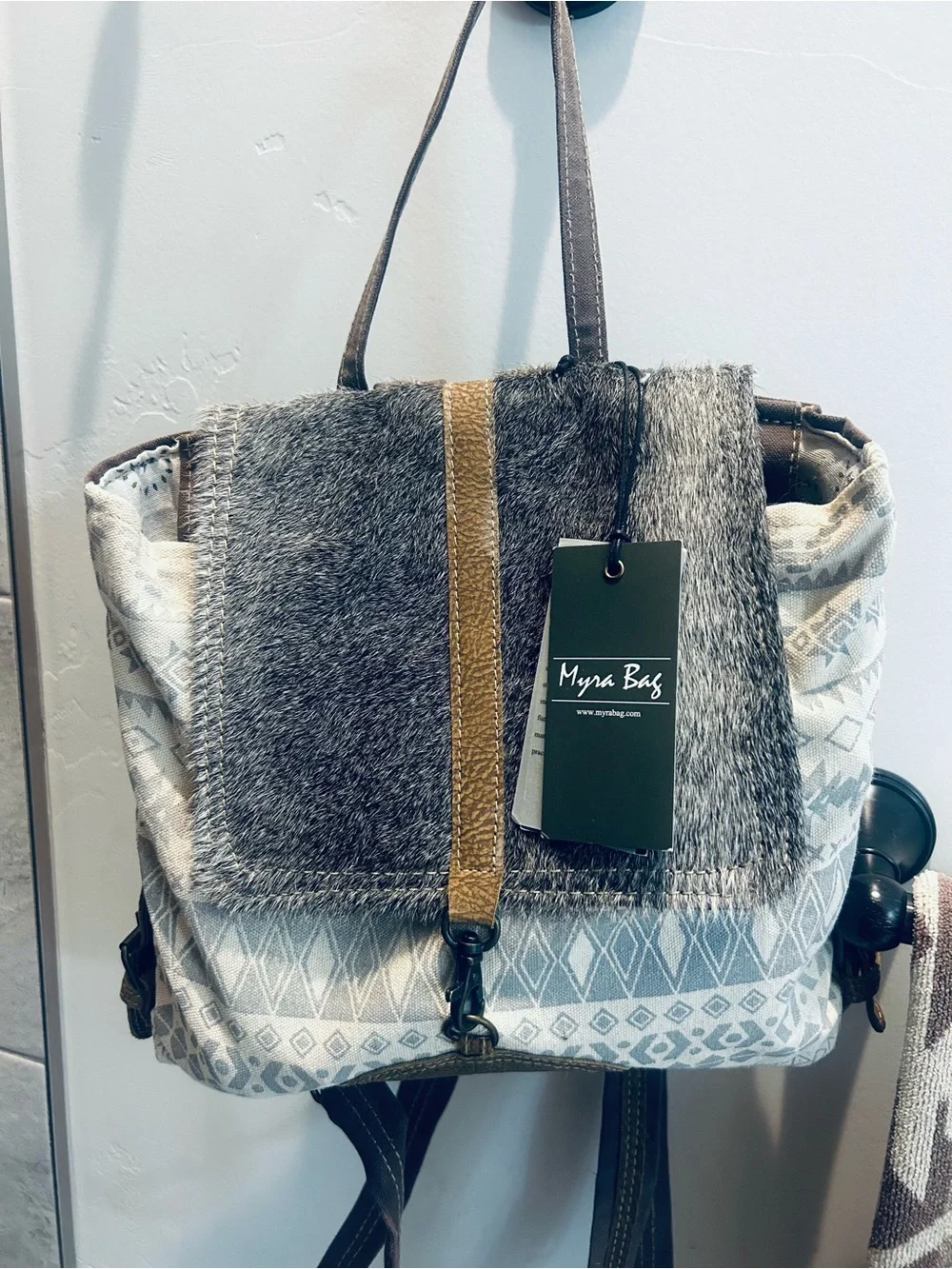 Myra Bag Gray and Cream Textured Flap Backpack